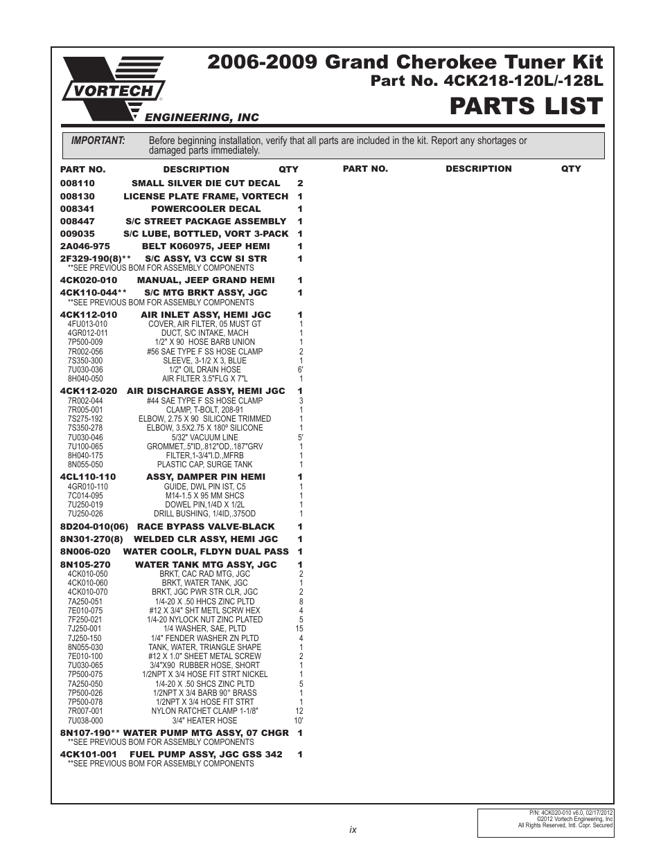 Parts list | Vortech 2006-2010 6.1L Jeep SRT8 User Manual | Page 9 / 53