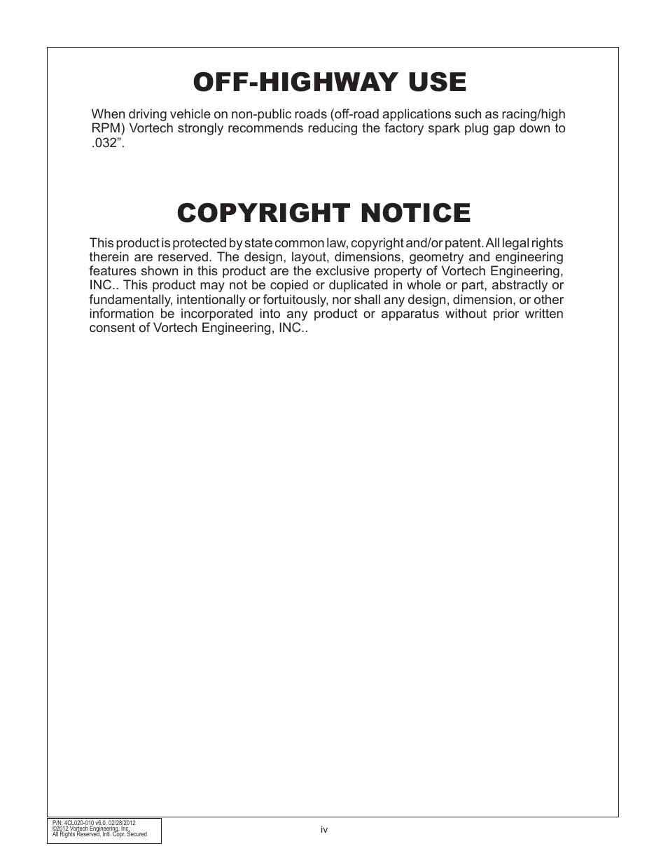 Copyright notice, Off-highway use | Vortech 2006-2010 6.1L Hemi Cars (Charger, Challenger, Magnum, 300C) User Manual | Page 4 / 38