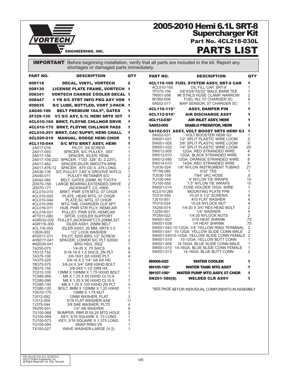 Parts list | Vortech 2006-2010 6.1L Hemi Cars (Charger, Challenger, Magnum, 300C) User Manual | Page 8 / 38