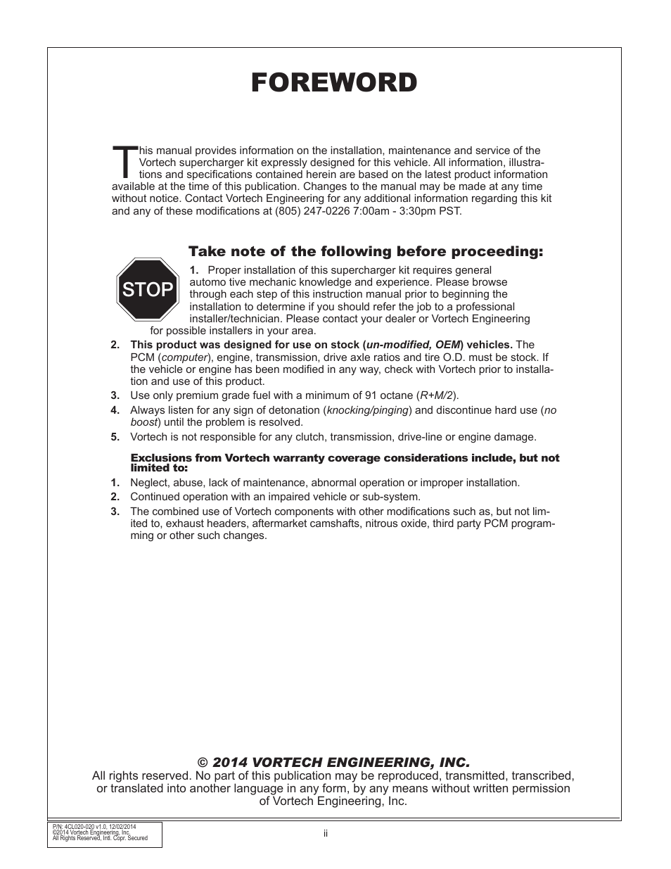 Foreword, Stop | Vortech 2011-2012 6.4L Hemi Challenger User Manual | Page 2 / 30