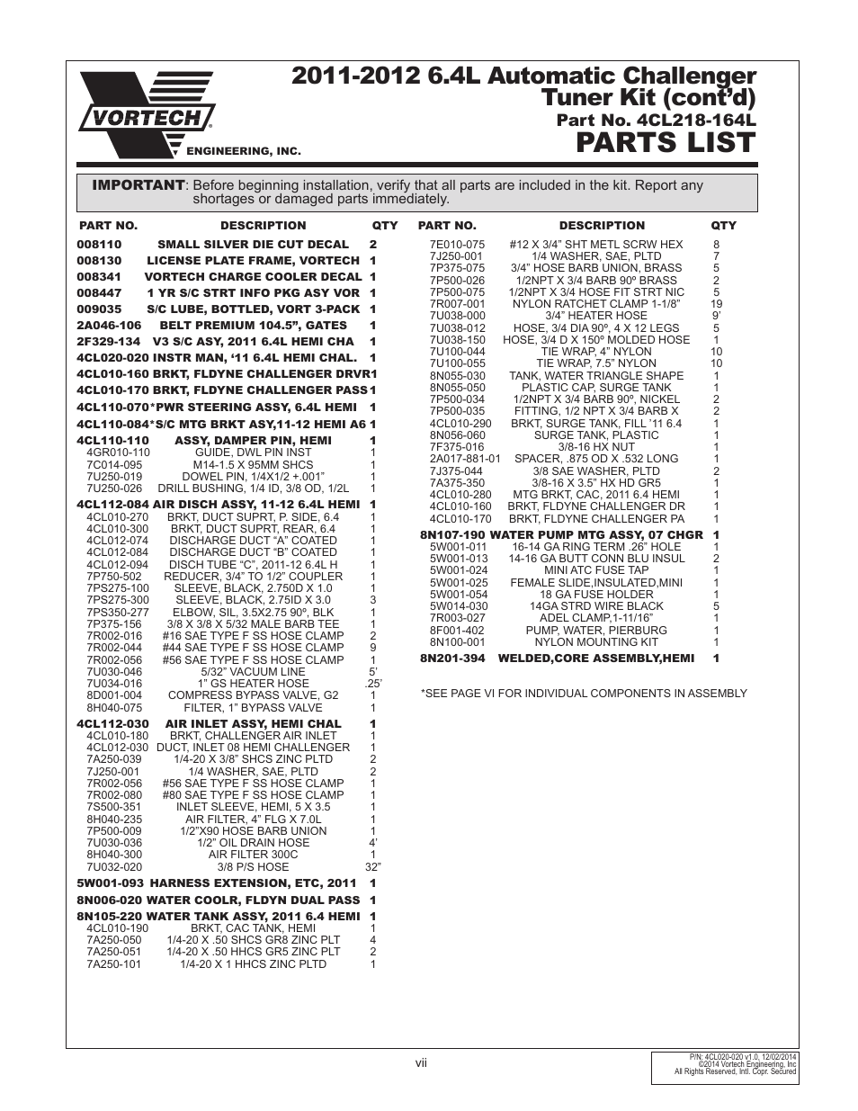Parts list | Vortech 2011-2012 6.4L Hemi Challenger User Manual | Page 7 / 30