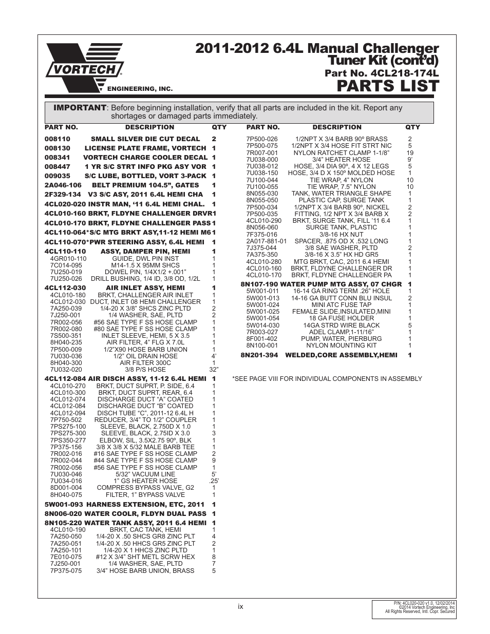 Parts list | Vortech 2011-2012 6.4L Hemi Challenger User Manual | Page 9 / 30