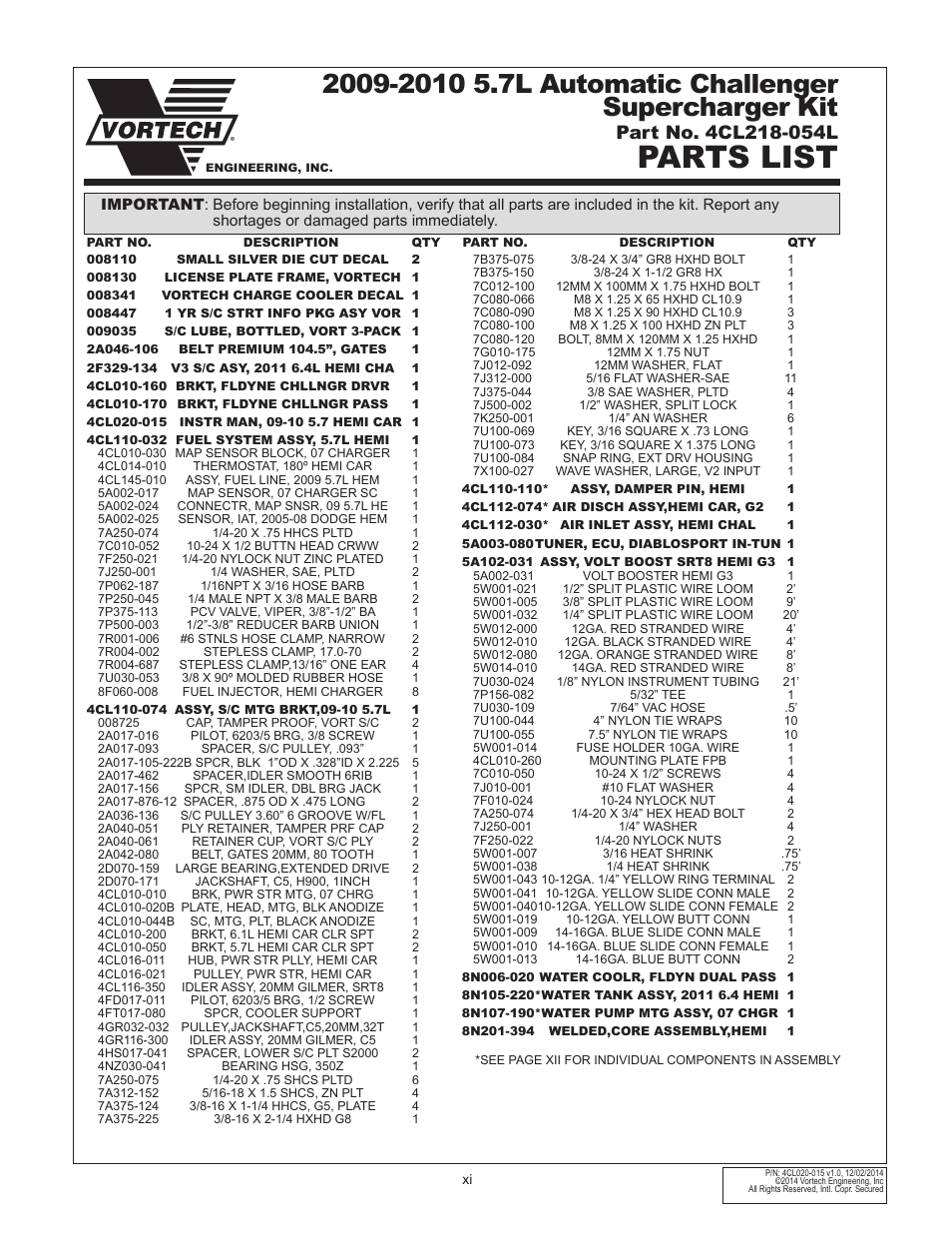 Parts list | Vortech 2009-2010 5.7L Hemi Cars (Charger, Challenger, 300C) User Manual | Page 11 / 38