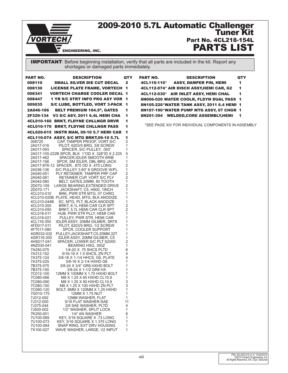 Parts list | Vortech 2009-2010 5.7L Hemi Cars (Charger, Challenger, 300C) User Manual | Page 13 / 38