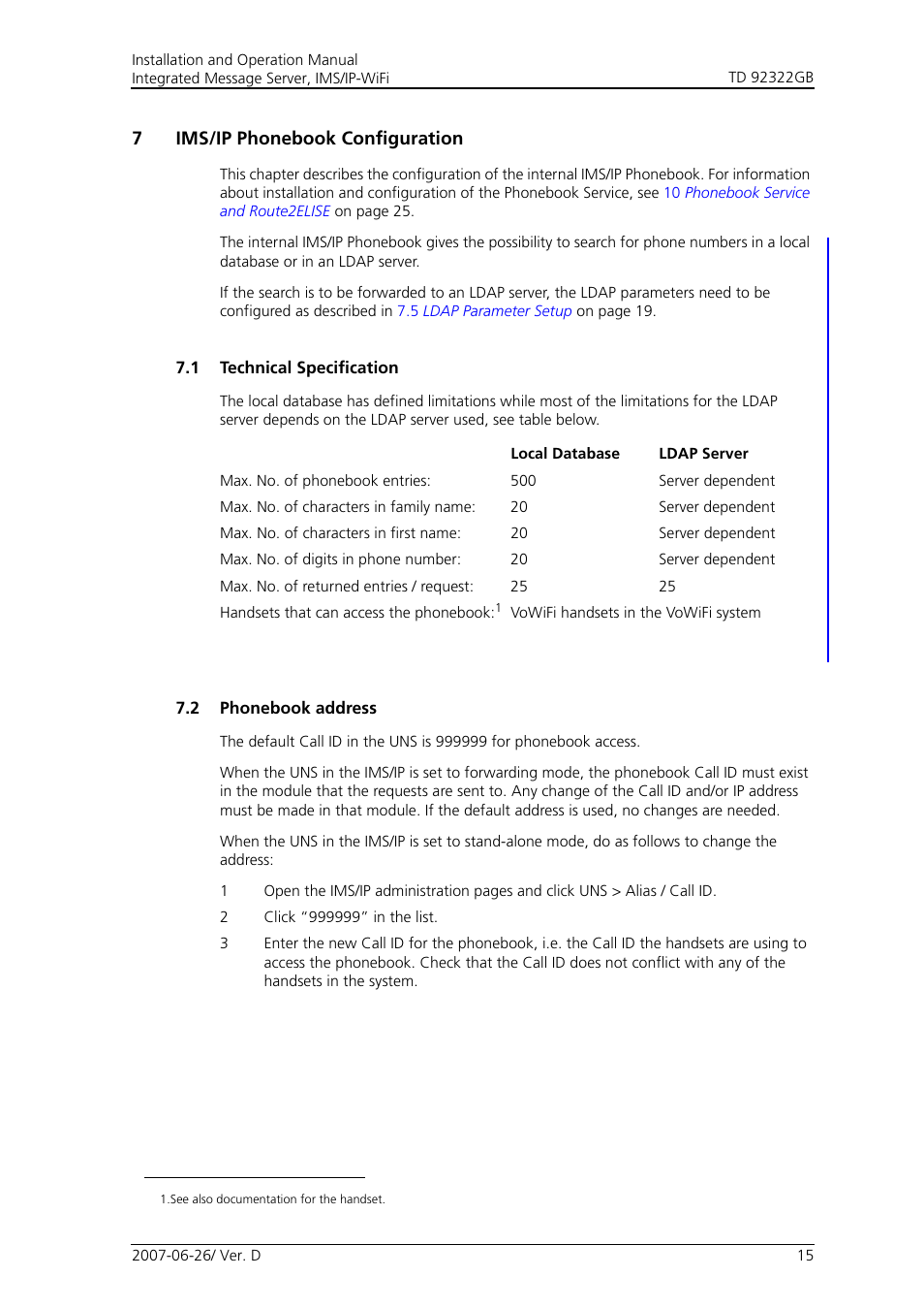 7 ims/ip phonebook configuration, 1 technical specification, 2 phonebook address | 7ims/ip phonebook configuration | Cisco TD 92322GB User Manual | Page 18 / 34