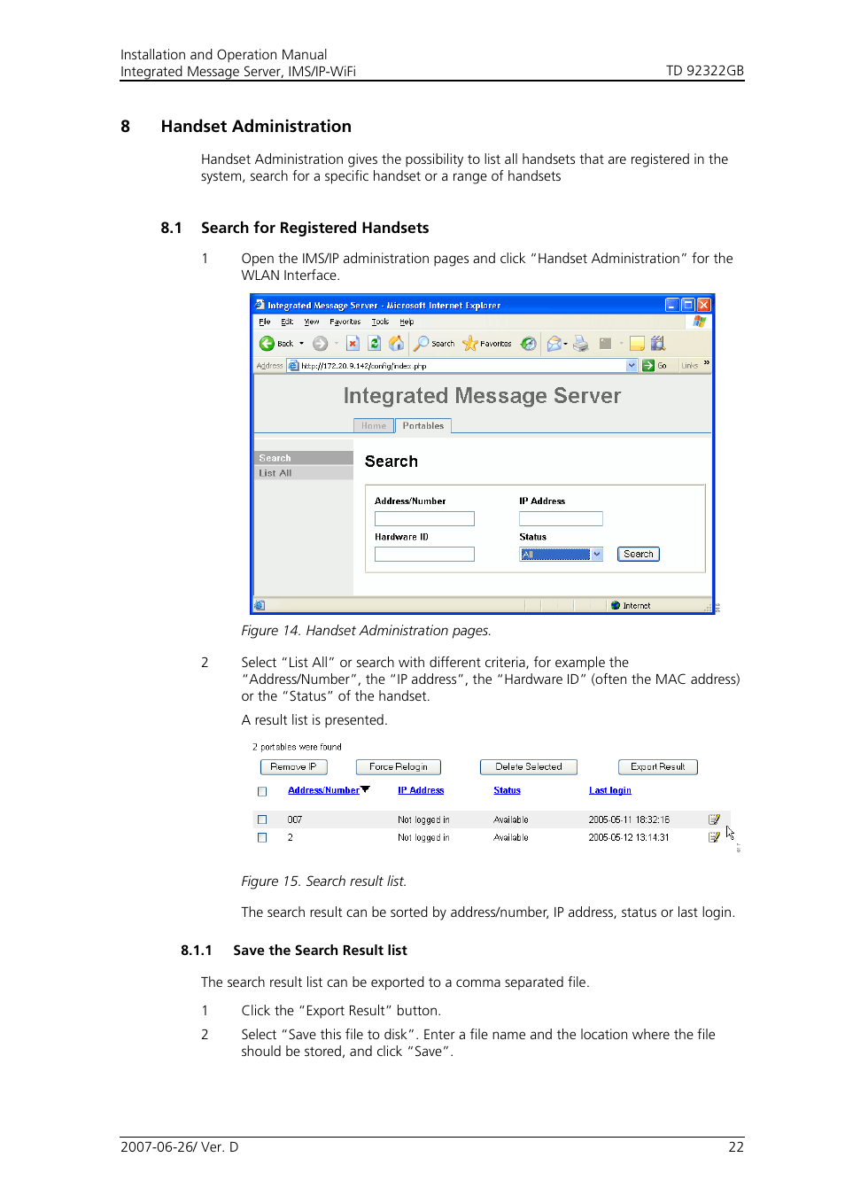 8 handset administration, 1 search for registered handsets, 1 save the search result list | 8handset administration | Cisco TD 92322GB User Manual | Page 25 / 34