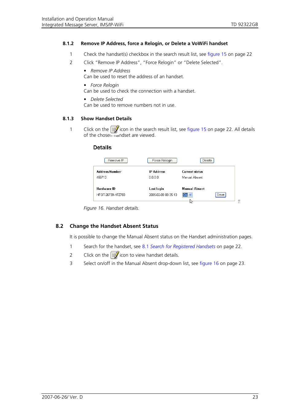 3 show handset details, 2 change the handset absent status, 2 change | The handset absent status | Cisco TD 92322GB User Manual | Page 26 / 34