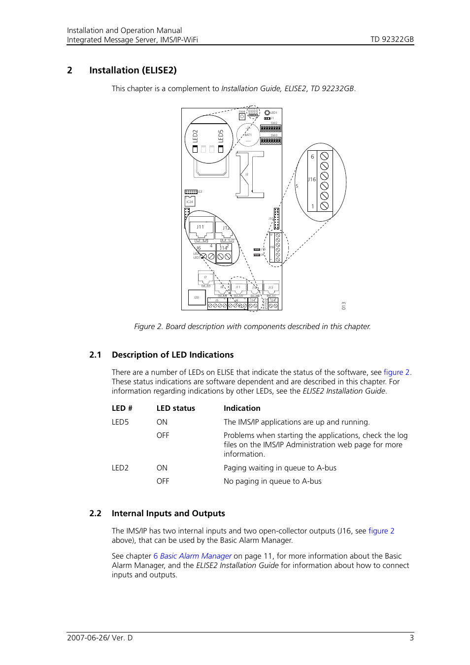 2 installation (elise2), 1 description of led indications, 2 internal inputs and outputs | 2installation (elise2) | Cisco TD 92322GB User Manual | Page 6 / 34