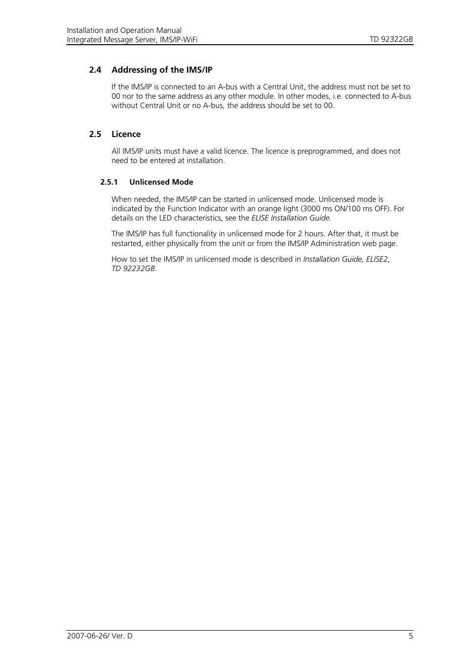 4 addressing of the ims/ip, 5 licence, 1 unlicensed mode | Cisco TD 92322GB User Manual | Page 8 / 34