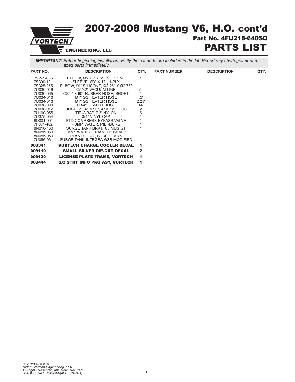 Parts list, Cont'd | Vortech 2005-2008 Ford 4.0L V6 Mustang User Manual | Page 10 / 42