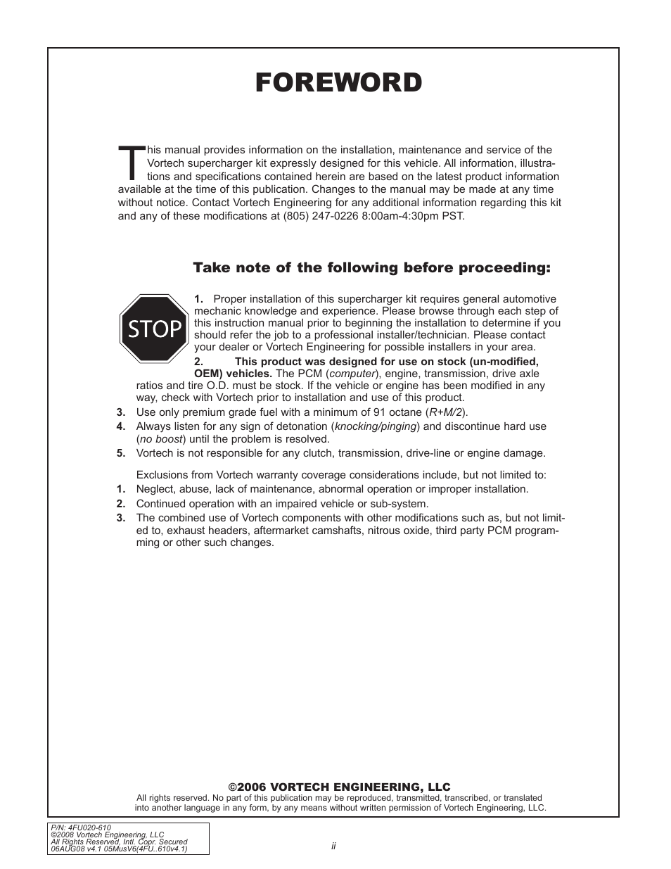 Foreword | Vortech 2005-2008 Ford 4.0L V6 Mustang User Manual | Page 2 / 42