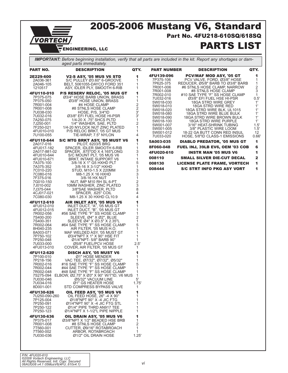 Parts list | Vortech 2005-2008 Ford 4.0L V6 Mustang User Manual | Page 6 / 42
