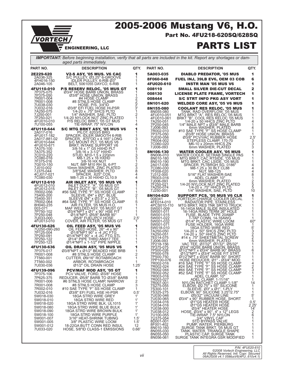 Parts list | Vortech 2005-2008 Ford 4.0L V6 Mustang User Manual | Page 7 / 42