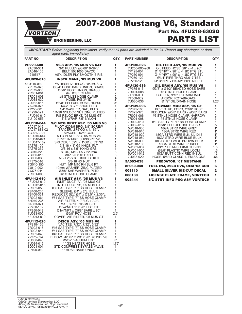 Parts list | Vortech 2005-2008 Ford 4.0L V6 Mustang User Manual | Page 8 / 42
