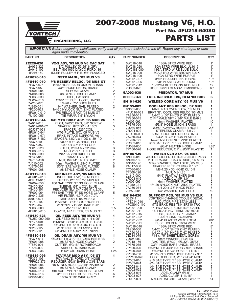 Parts list | Vortech 2005-2008 Ford 4.0L V6 Mustang User Manual | Page 9 / 42