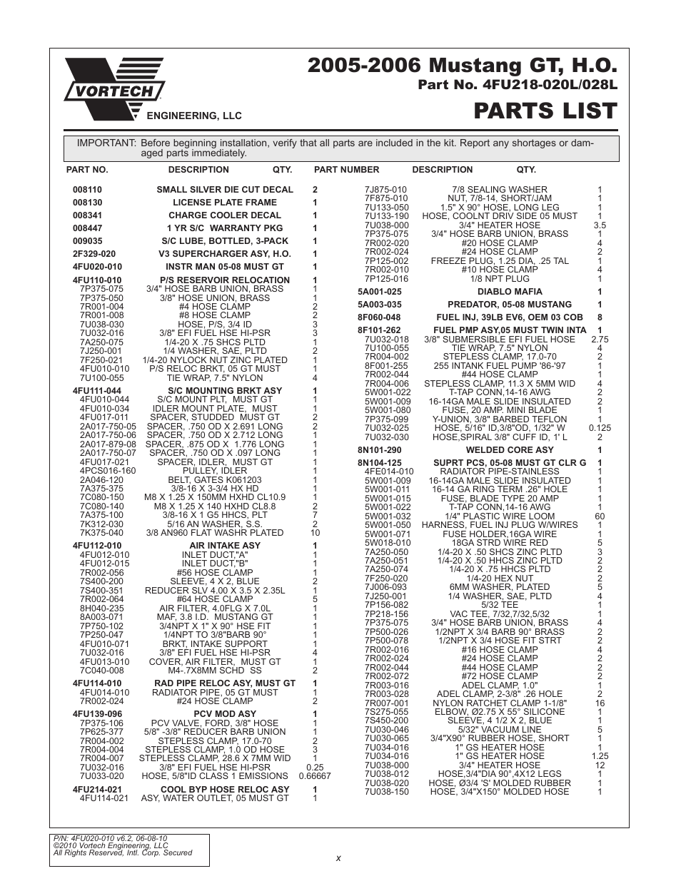 Parts list | Vortech 2005-2010 Ford 4.6L 3v Mustang GT User Manual | Page 10 / 82