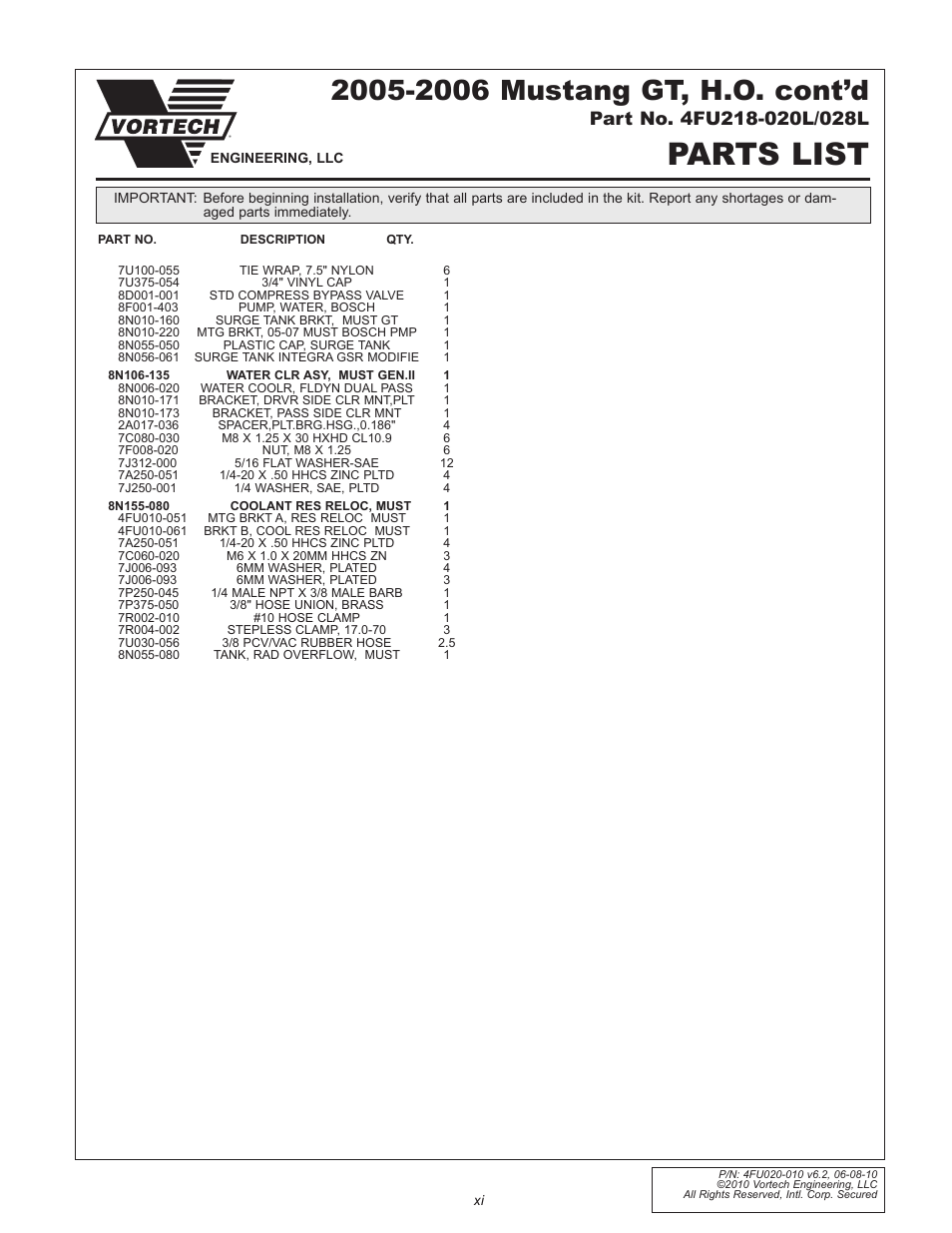 Parts list | Vortech 2005-2010 Ford 4.6L 3v Mustang GT User Manual | Page 11 / 82
