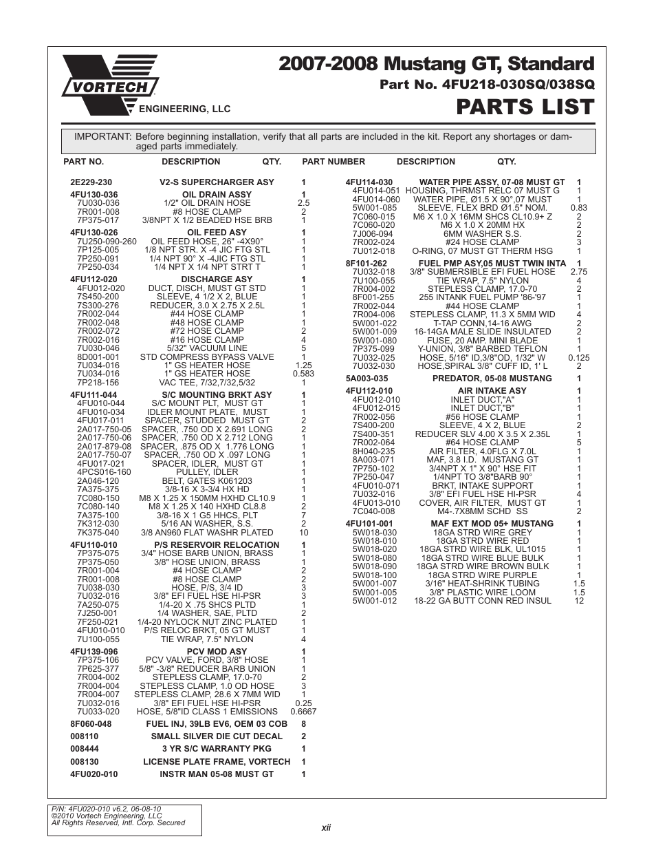 Parts list | Vortech 2005-2010 Ford 4.6L 3v Mustang GT User Manual | Page 12 / 82