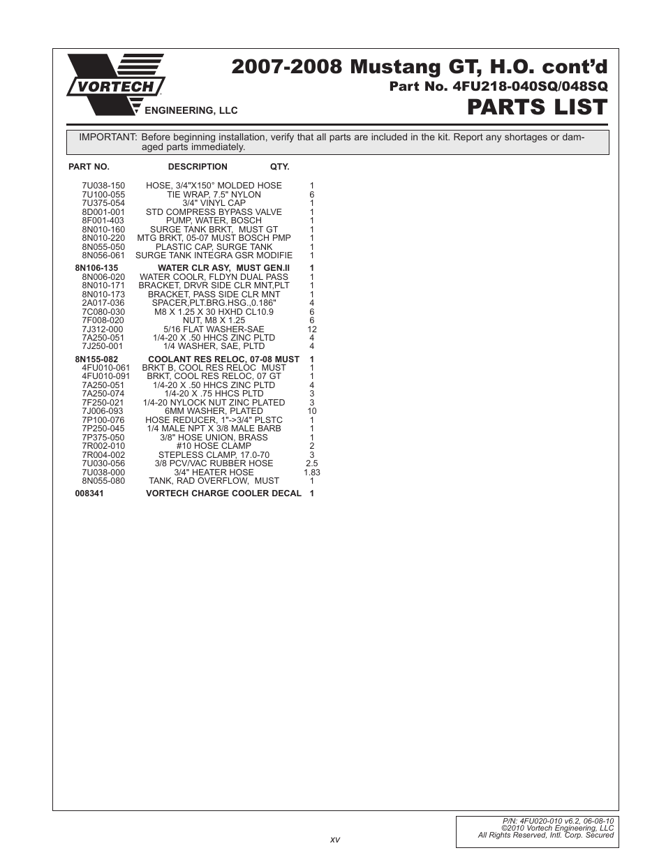 Parts list | Vortech 2005-2010 Ford 4.6L 3v Mustang GT User Manual | Page 15 / 82
