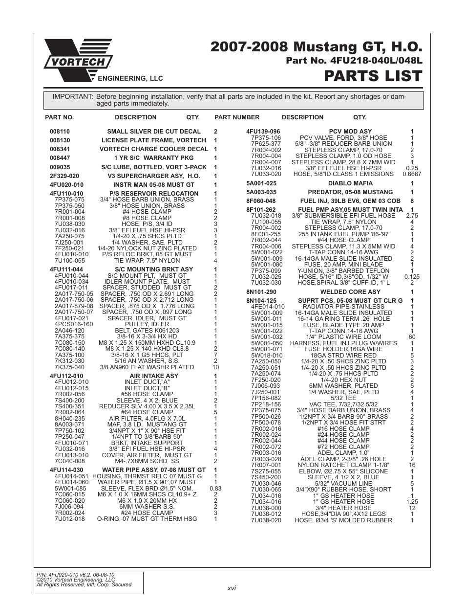 Parts list | Vortech 2005-2010 Ford 4.6L 3v Mustang GT User Manual | Page 16 / 82