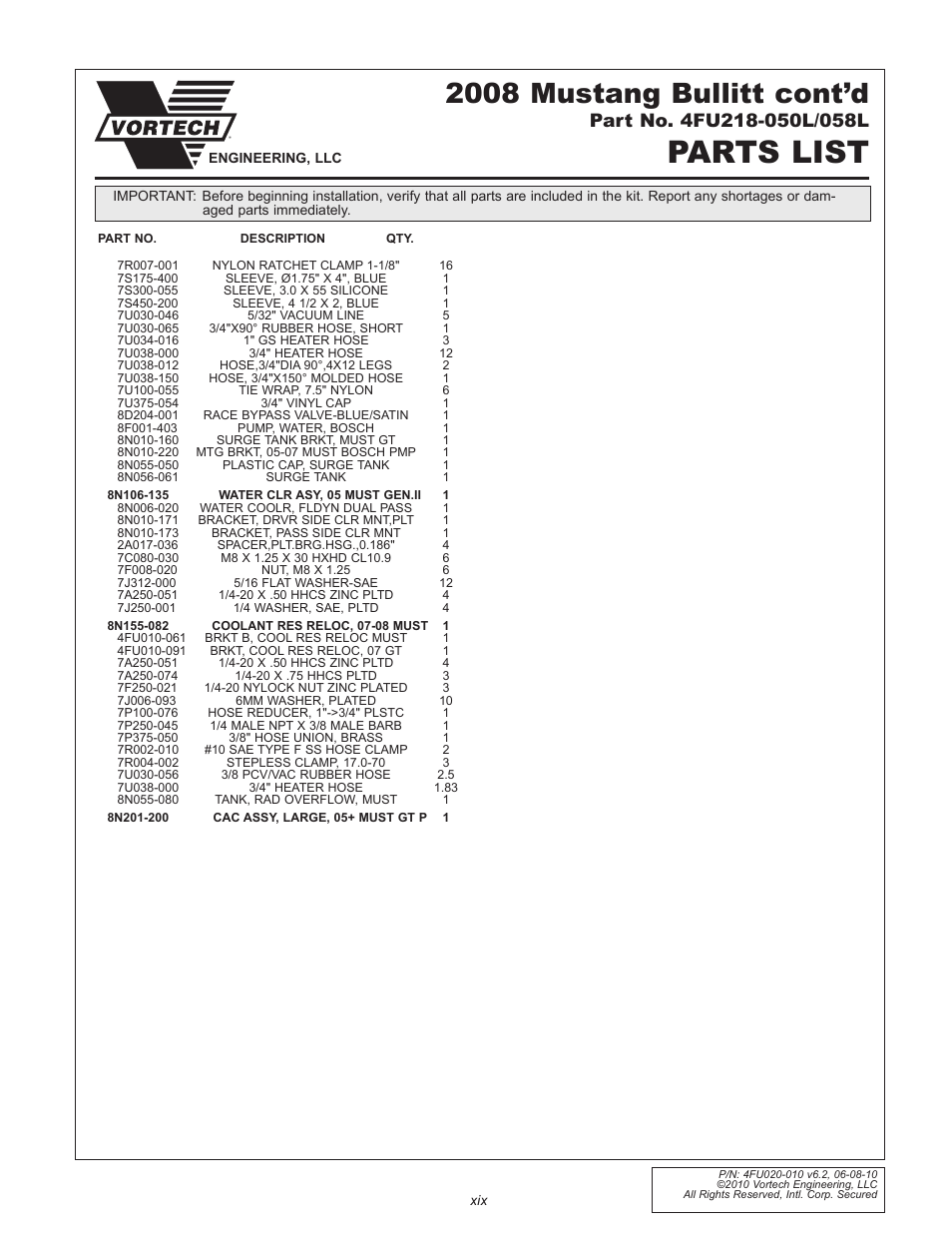 Parts list, 2008 mustang bullitt cont’d | Vortech 2005-2010 Ford 4.6L 3v Mustang GT User Manual | Page 19 / 82