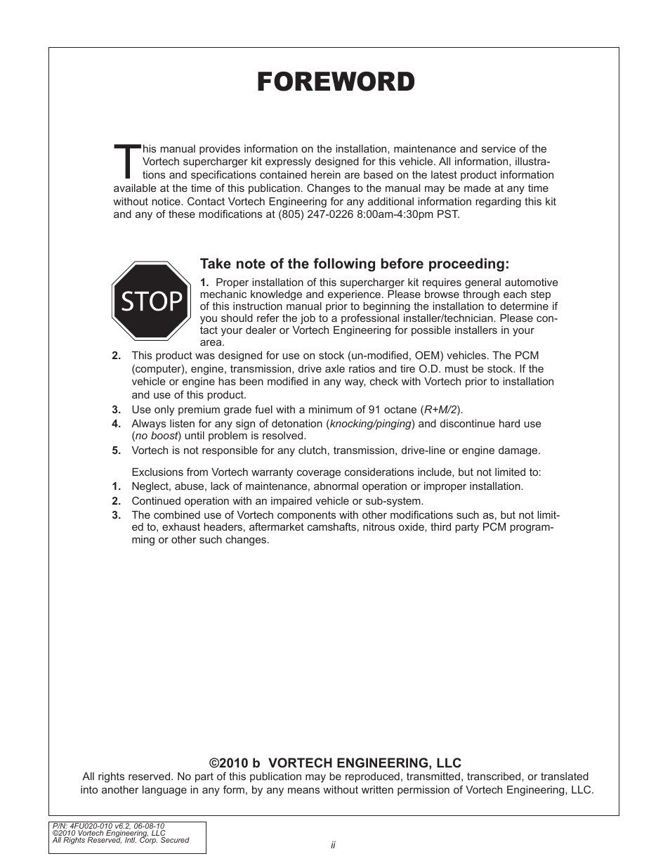 Foreword | Vortech 2005-2010 Ford 4.6L 3v Mustang GT User Manual | Page 2 / 82