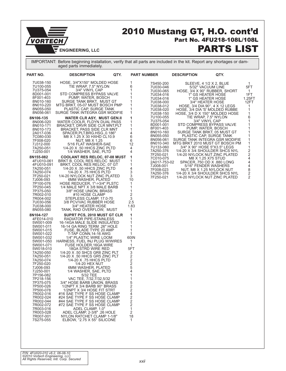 Parts list, 2010 mustang gt, h.o. cont’d | Vortech 2005-2010 Ford 4.6L 3v Mustang GT User Manual | Page 22 / 82