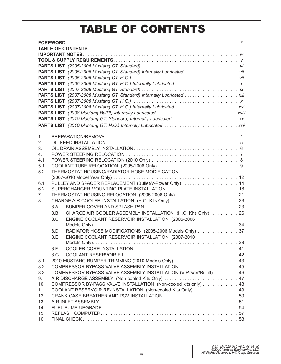 Vortech 2005-2010 Ford 4.6L 3v Mustang GT User Manual | Page 3 / 82