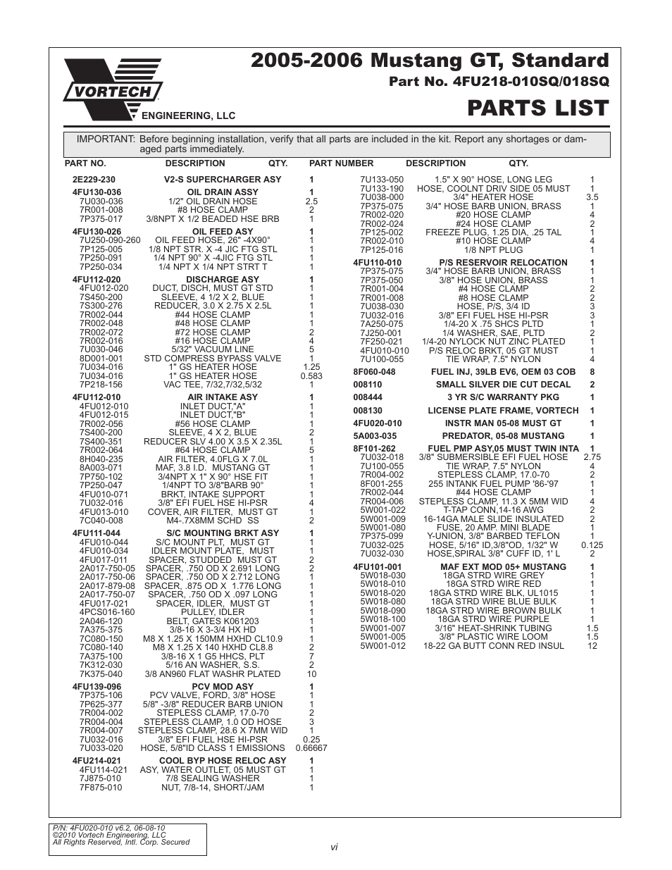 Parts list | Vortech 2005-2010 Ford 4.6L 3v Mustang GT User Manual | Page 6 / 82