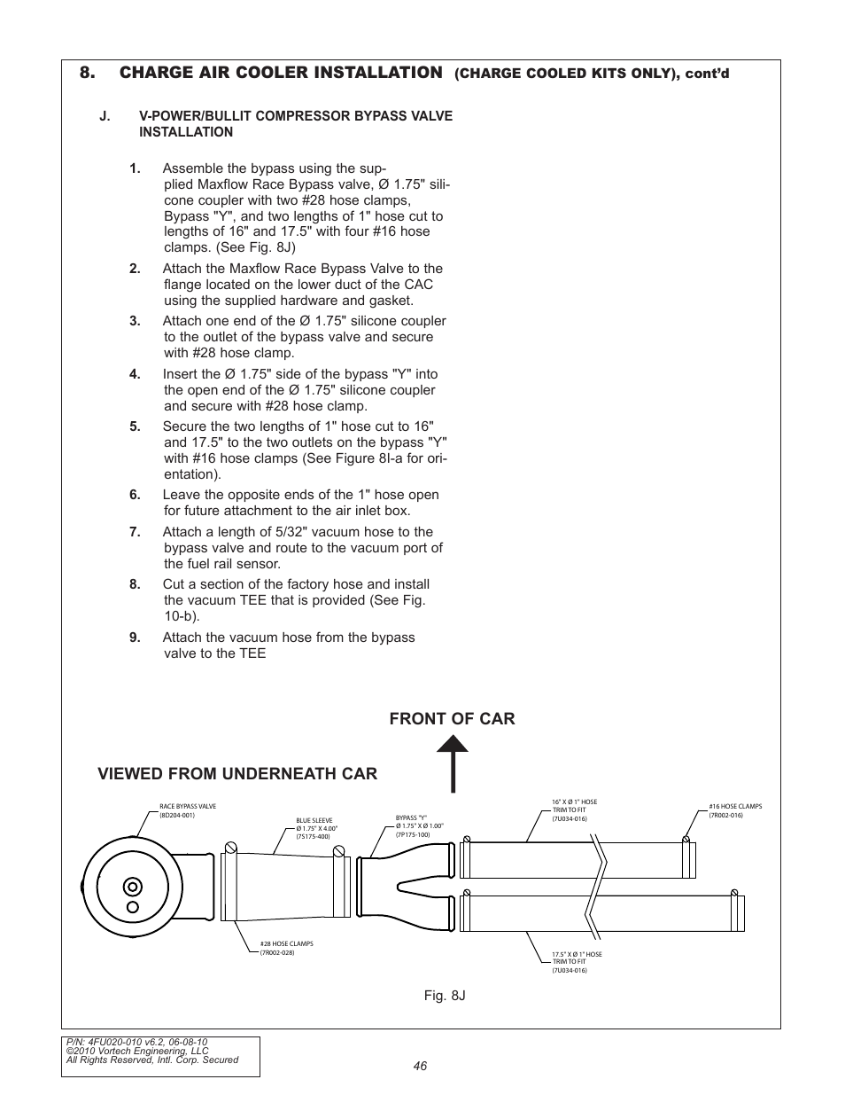 Front of car viewed from underneath car, Charge air cooler installation | Vortech 2005-2010 Ford 4.6L 3v Mustang GT User Manual | Page 68 / 82