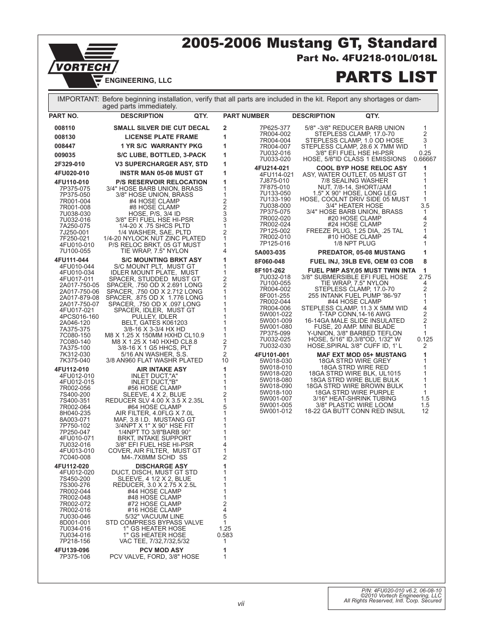 Parts list | Vortech 2005-2010 Ford 4.6L 3v Mustang GT User Manual | Page 7 / 82