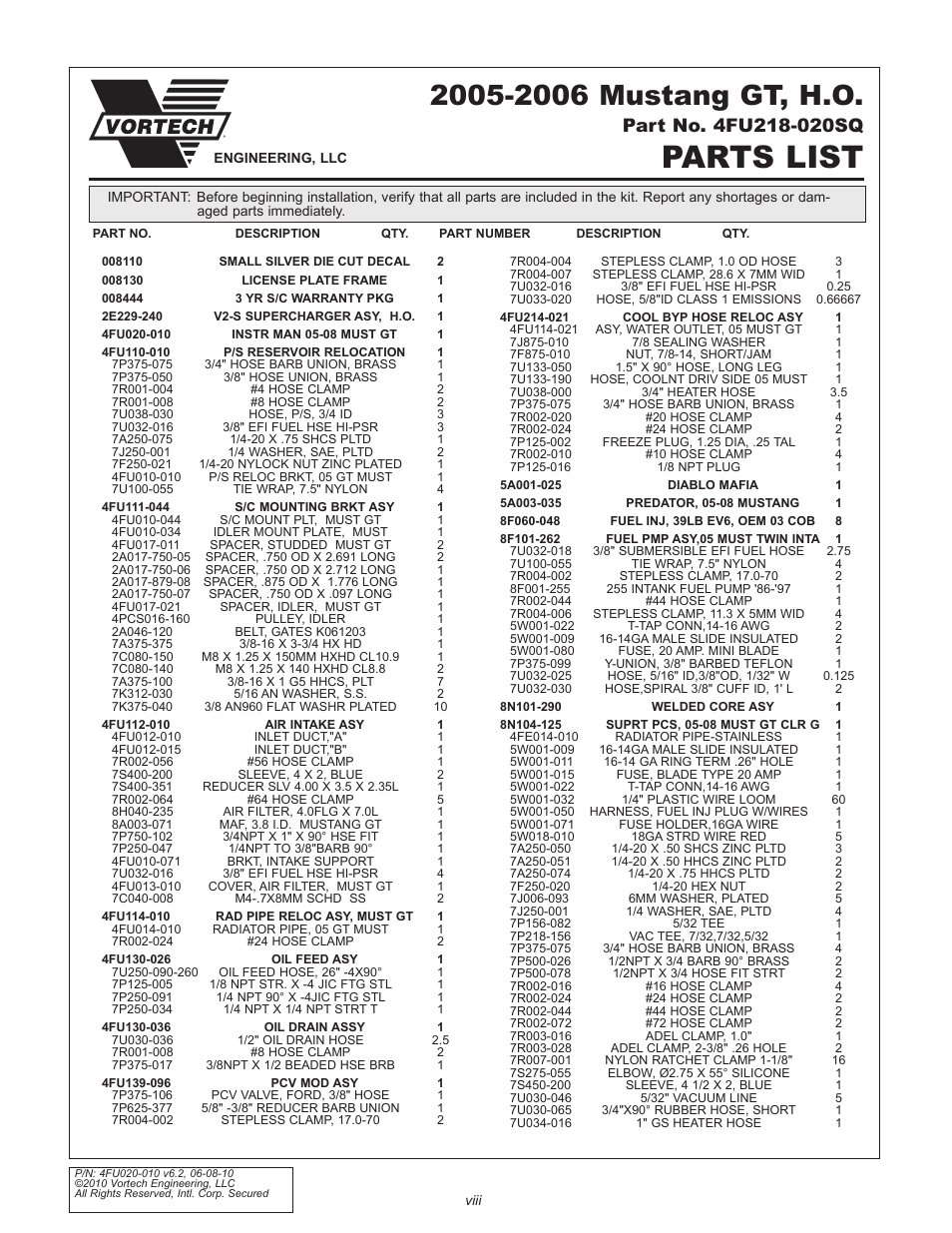 Parts list | Vortech 2005-2010 Ford 4.6L 3v Mustang GT User Manual | Page 8 / 82