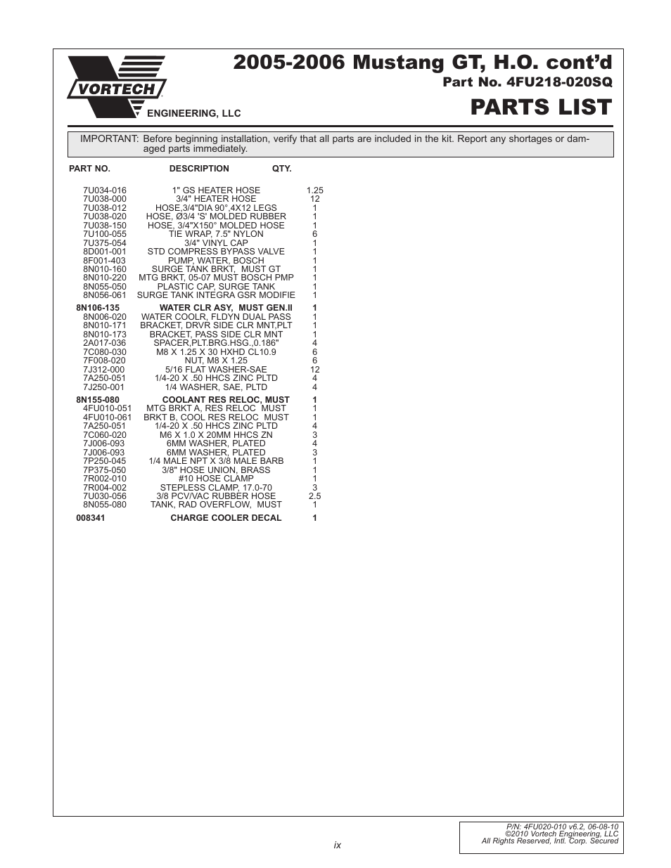 Parts list | Vortech 2005-2010 Ford 4.6L 3v Mustang GT User Manual | Page 9 / 82