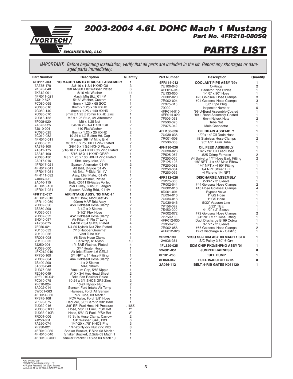 Parts list | Vortech 2003-2004 Mustang Mach 1 User Manual | Page 10 / 42