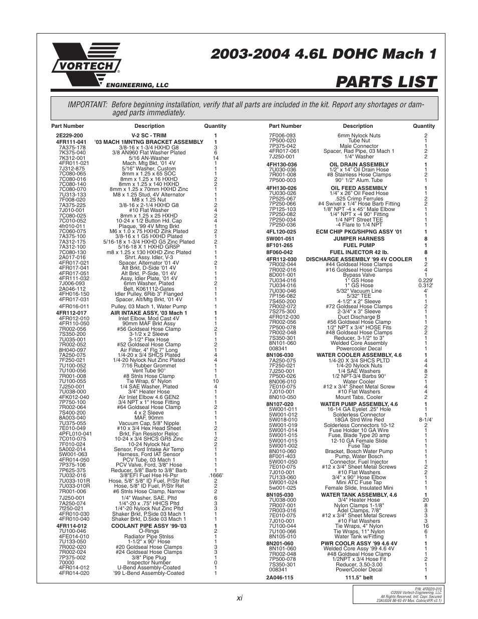 Parts list | Vortech 2003-2004 Mustang Mach 1 User Manual | Page 11 / 42