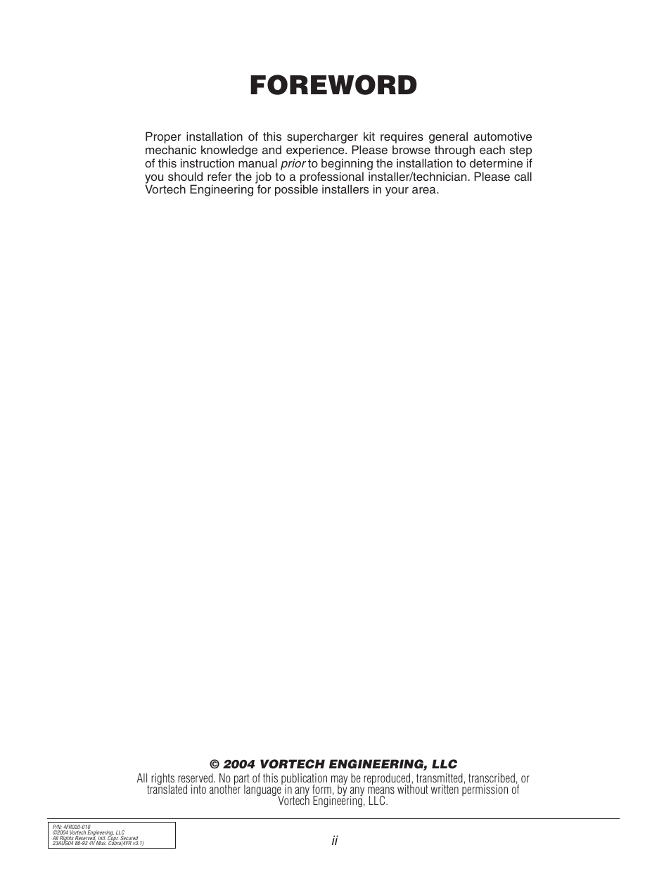 Foreword | Vortech 2003-2004 Mustang Mach 1 User Manual | Page 2 / 42