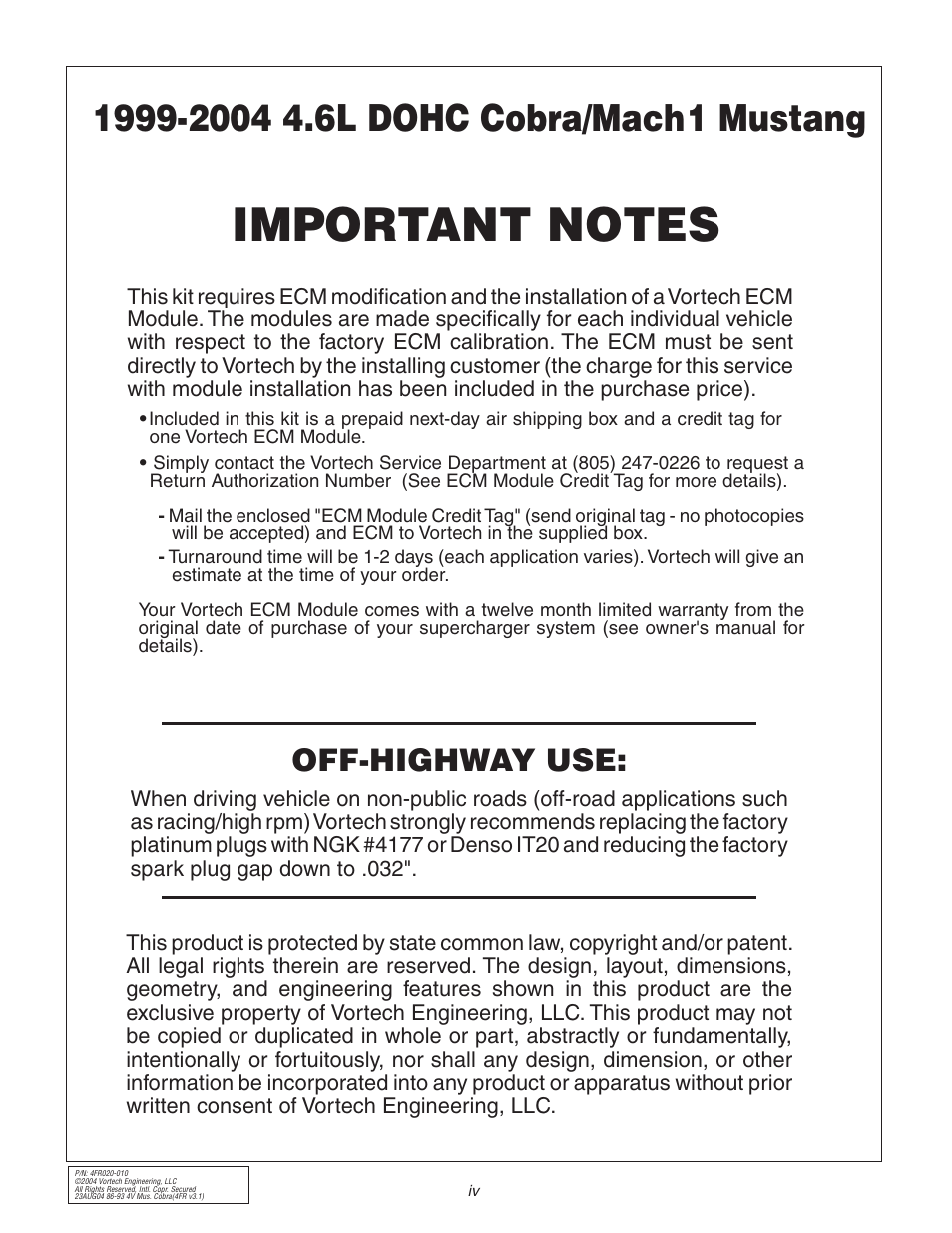 1 mustang, Off-highway use | Vortech 2003-2004 Mustang Mach 1 User Manual | Page 4 / 42