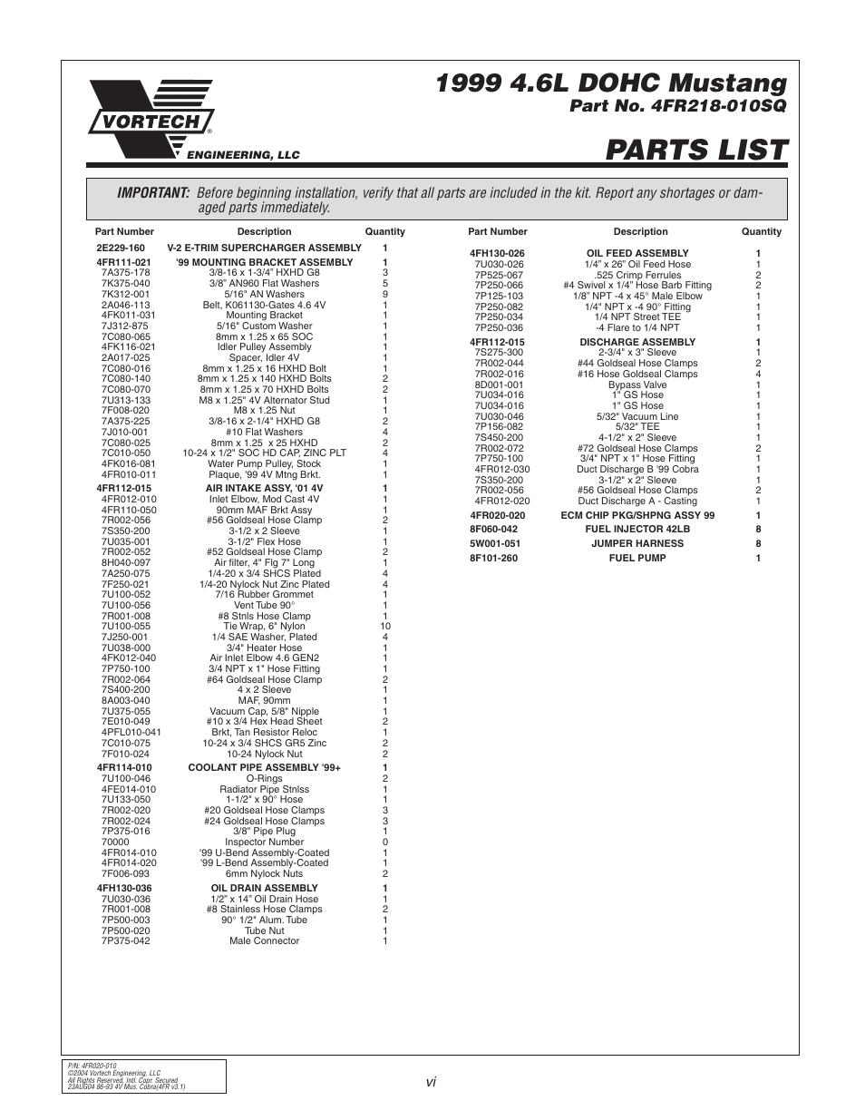 Parts list | Vortech 2003-2004 Mustang Mach 1 User Manual | Page 6 / 42