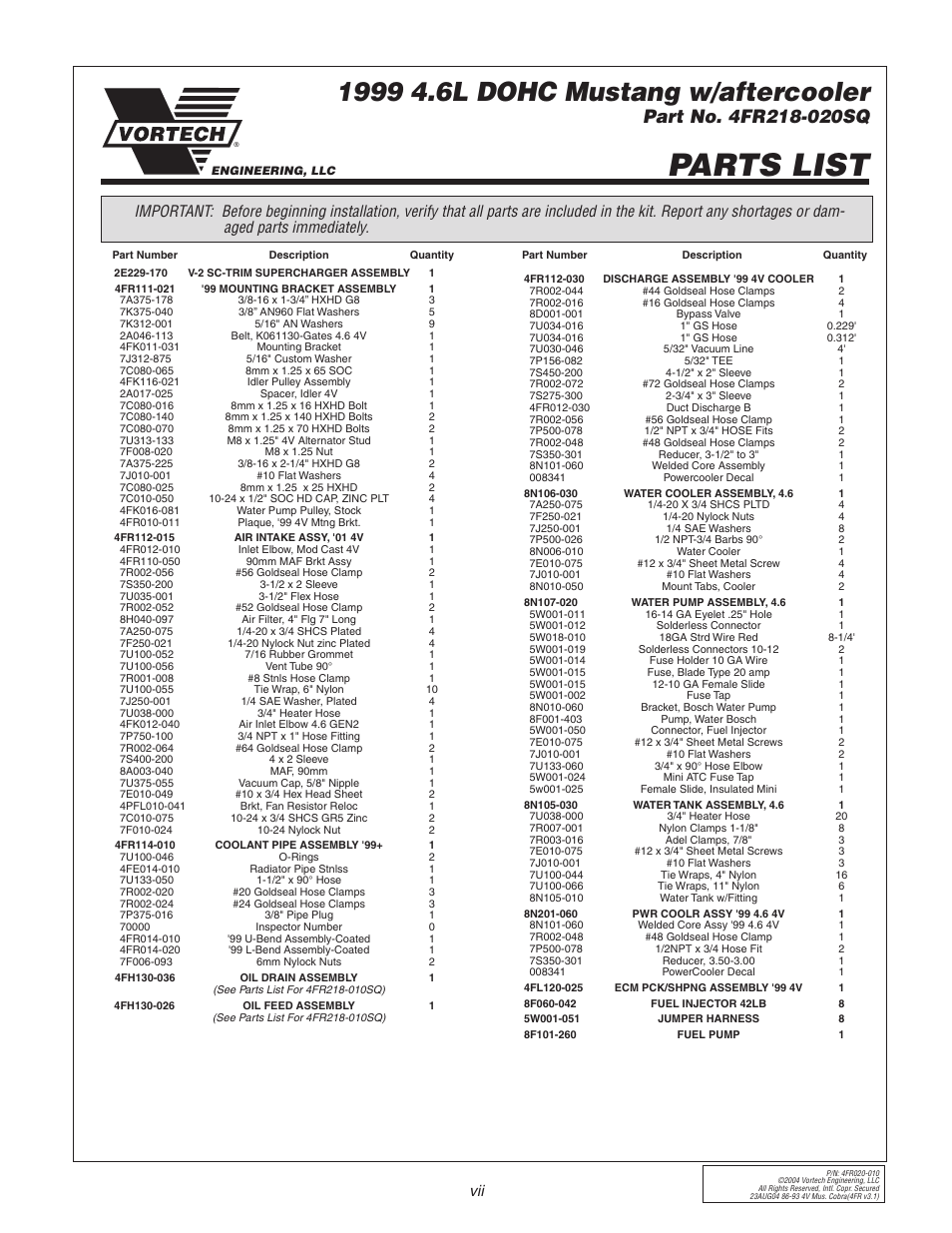 Parts list | Vortech 2003-2004 Mustang Mach 1 User Manual | Page 7 / 42