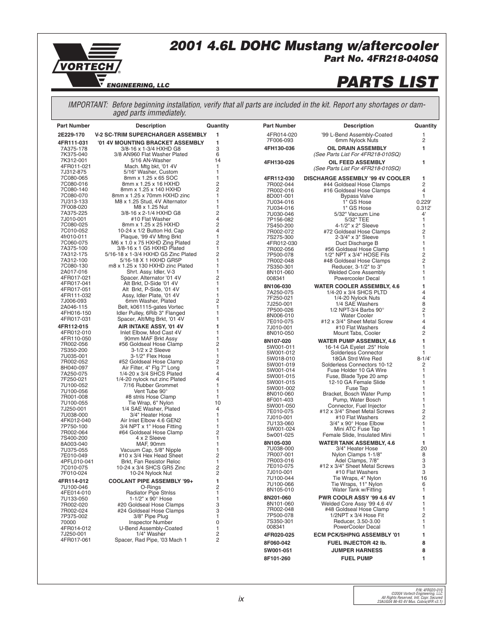 Parts list | Vortech 2003-2004 Mustang Mach 1 User Manual | Page 9 / 42