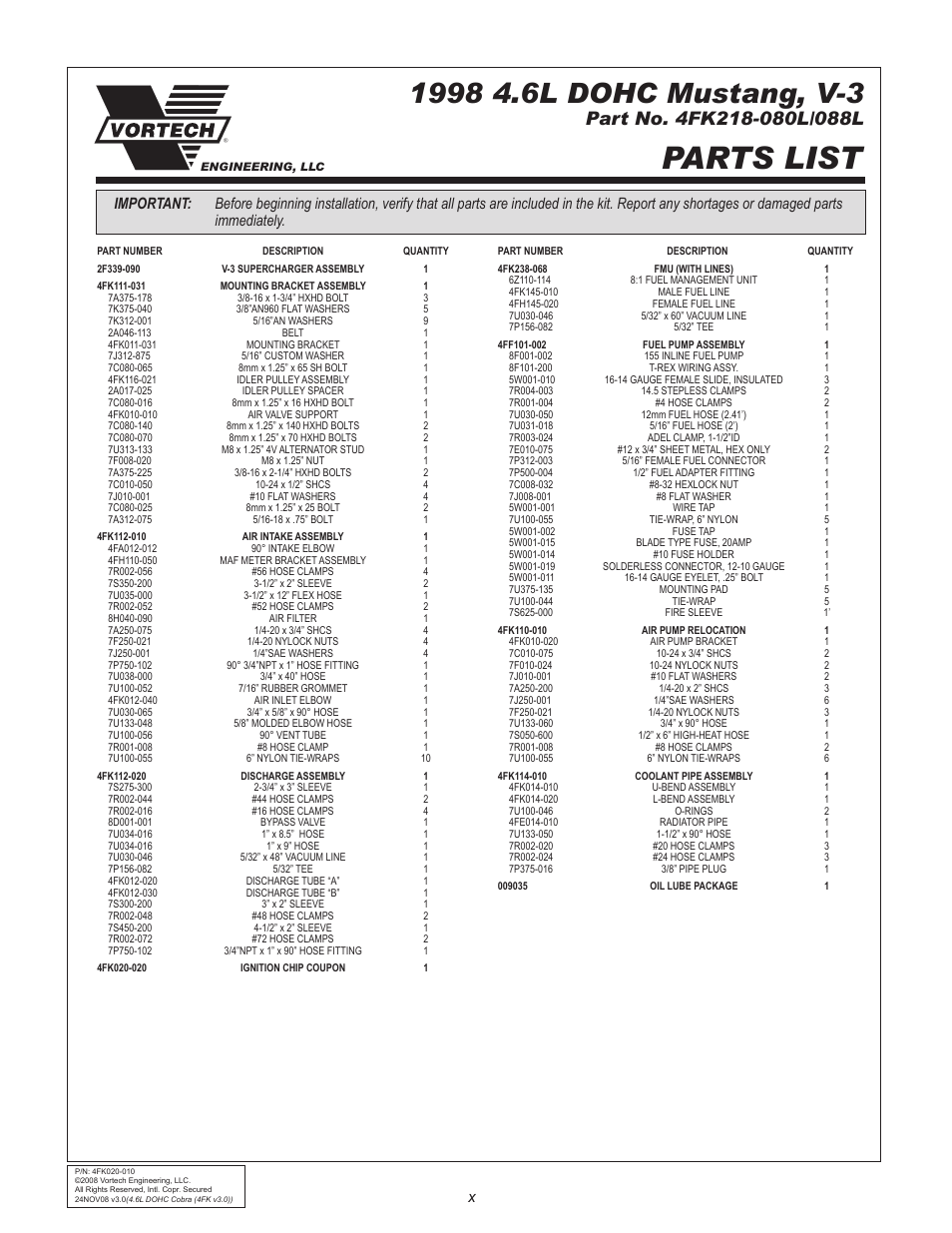 Parts list | Vortech 1996-1998 Ford 4.6L Mustang Cobra User Manual | Page 10 / 32