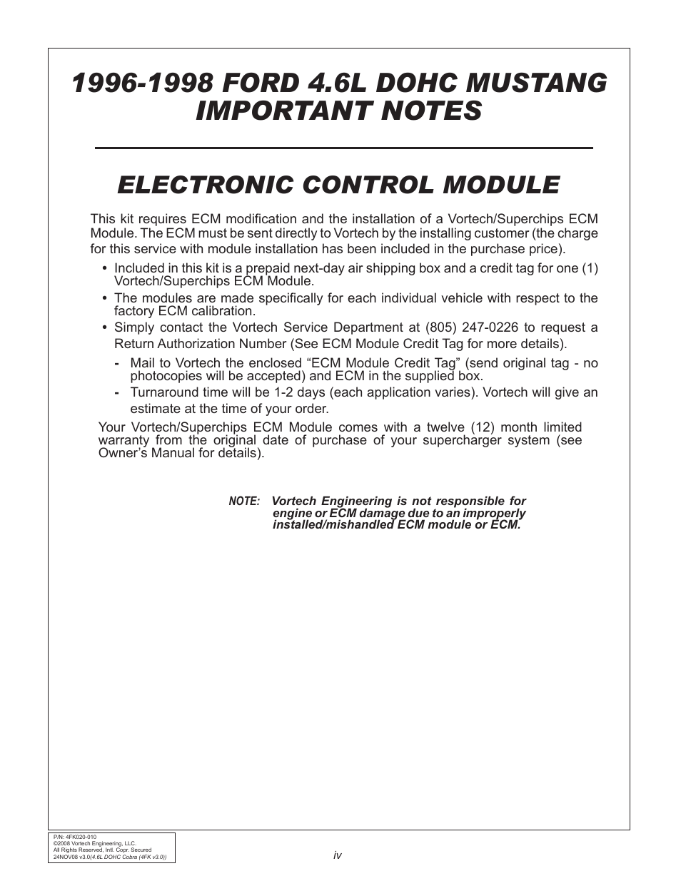 Electronic control module | Vortech 1996-1998 Ford 4.6L Mustang Cobra User Manual | Page 4 / 32