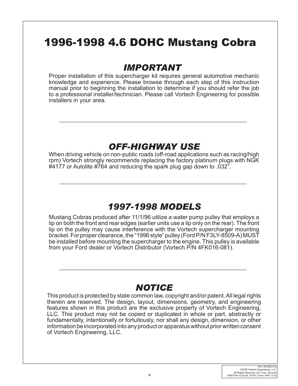 Off-highway use, Important, Notice | Vortech 1996-1998 Ford 4.6L Mustang Cobra User Manual | Page 5 / 32