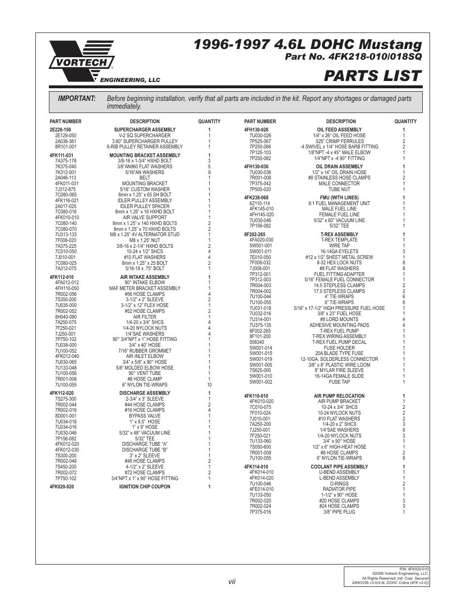 Parts list | Vortech 1996-1998 Ford 4.6L Mustang Cobra User Manual | Page 7 / 32