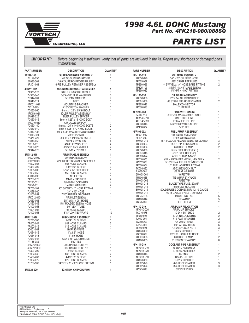 Parts list, Viii | Vortech 1996-1998 Ford 4.6L Mustang Cobra User Manual | Page 8 / 32