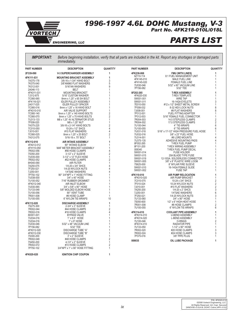 Parts list | Vortech 1996-1998 Ford 4.6L Mustang Cobra User Manual | Page 9 / 32