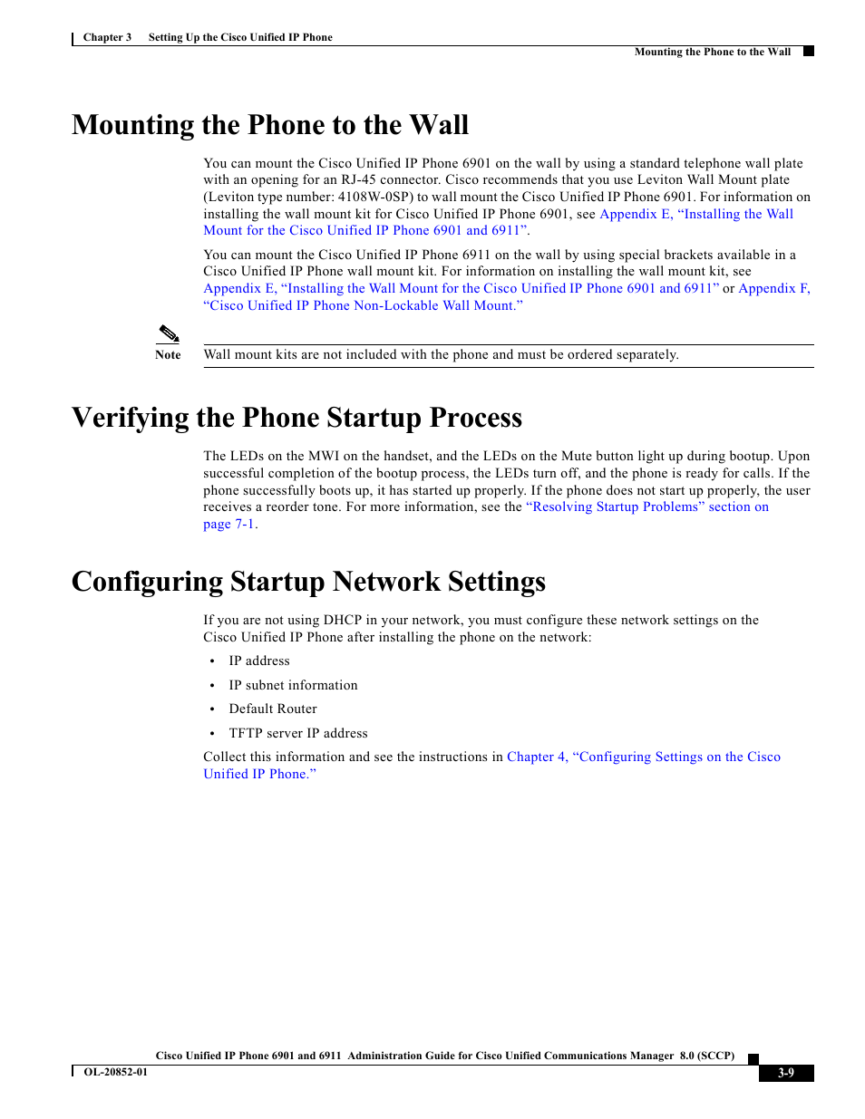 Mounting the phone to the wall, Verifying the phone startup process, Configuring startup network settings | Cisco 6901 User Manual | Page 9 / 10