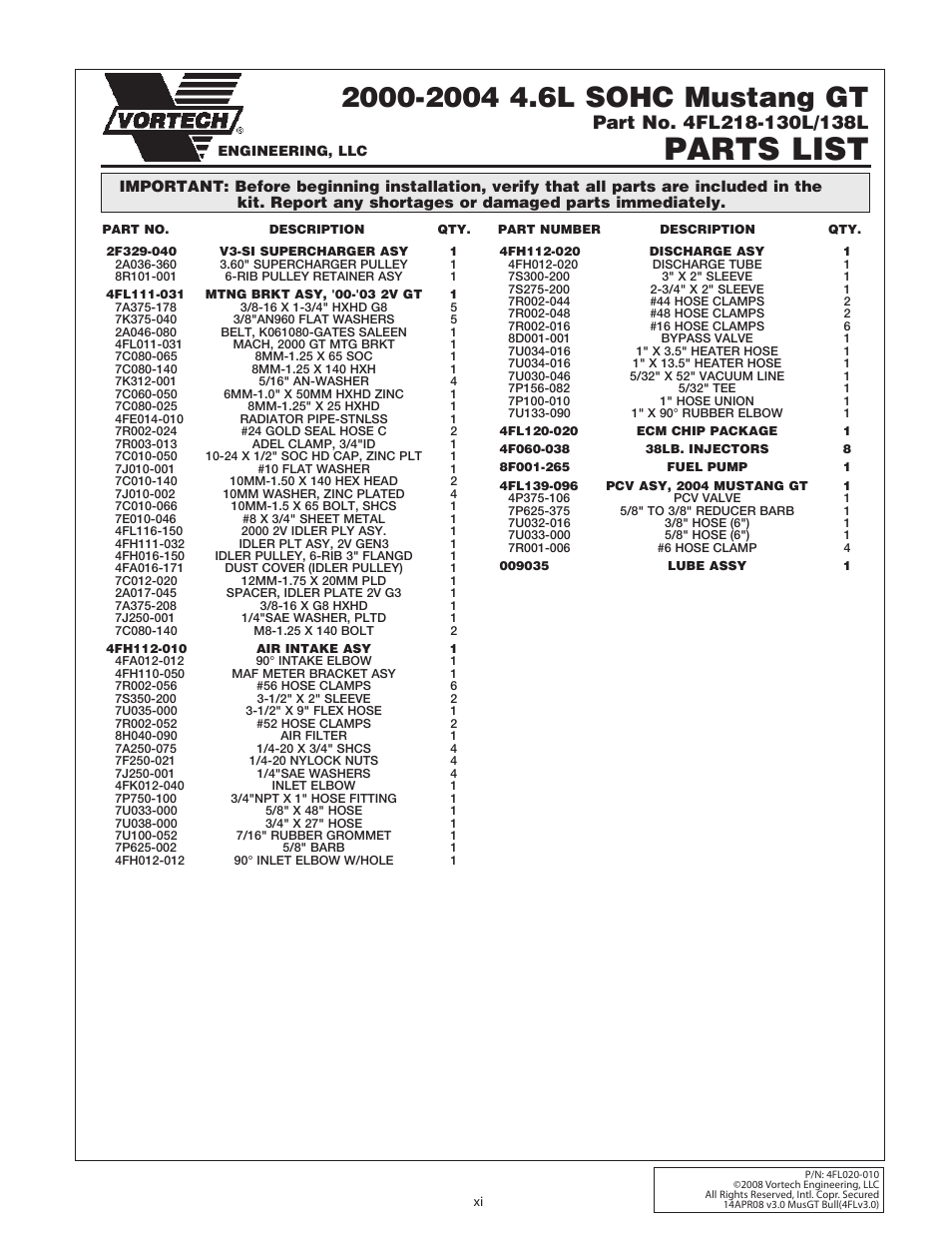 Parts list | Vortech 1996-2004 Ford 4.6 Mustang GT User Manual | Page 11 / 39