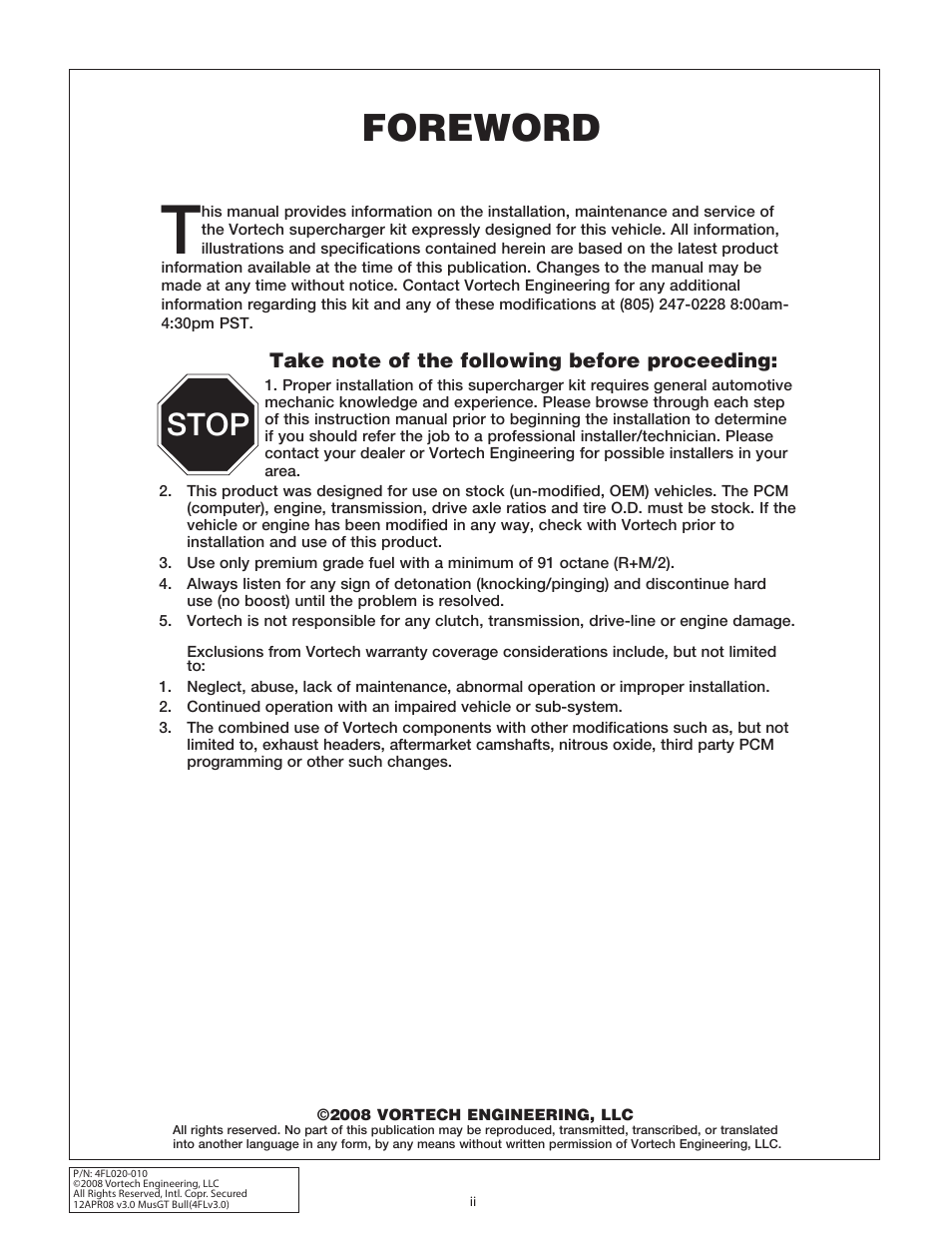 Foreword, Stop | Vortech 1996-2004 Ford 4.6 Mustang GT User Manual | Page 2 / 39