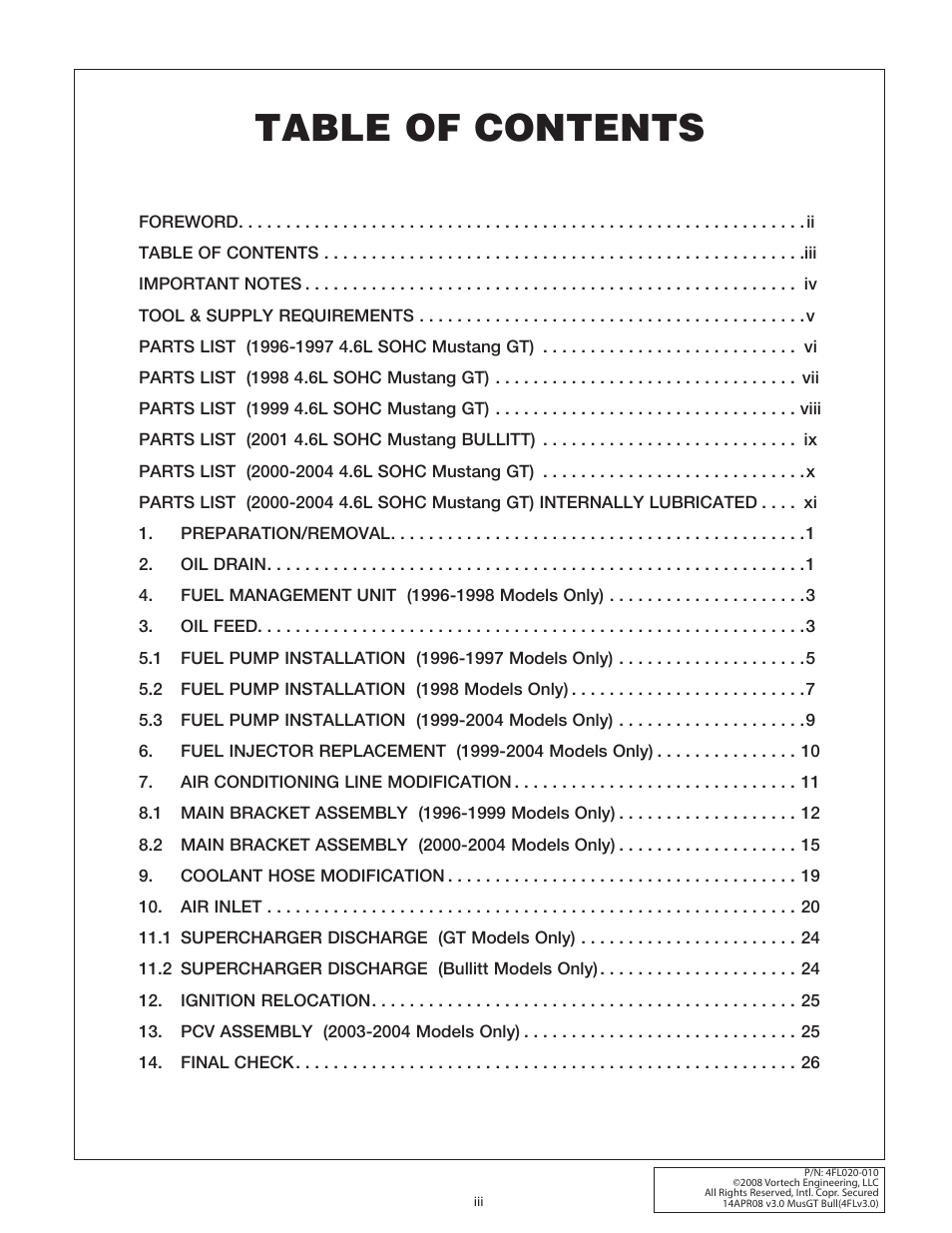 Vortech 1996-2004 Ford 4.6 Mustang GT User Manual | Page 3 / 39